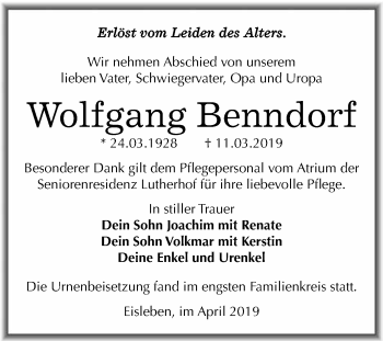 Traueranzeige von Wolfgang Benndorf von Wochenspiegel Mansfelder Land