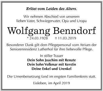 Traueranzeige von Wolfgang Benndorf von Mitteldeutsche Zeitung Aschersleben