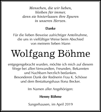 Traueranzeige von Wolfgang Böhme von Mitteldeutsche Zeitung Sangerhausen