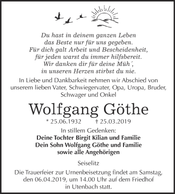 Traueranzeige von Wolfgang Göthe von WVG - Wochenspiegel NMB / WSF / ZTZ