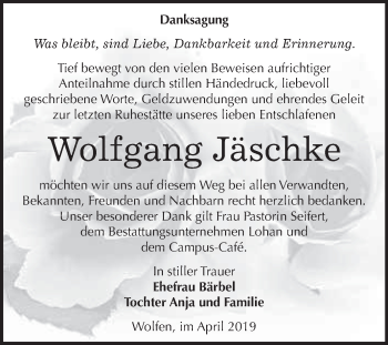 Traueranzeige von Wolfgang Jäschke von WVG - Wochenspiegel Bitterfeld