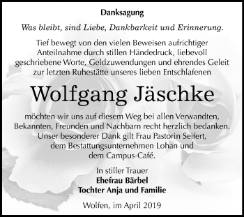 Traueranzeige von Wolfgang Jäschke von Mitteldeutsche Zeitung Bitterfeld