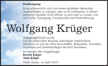 Traueranzeige von Wolfgang Krüger von Mitteldeutsche Zeitung Halle/Saalkreis