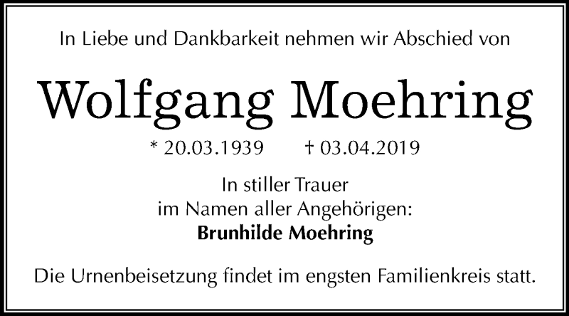  Traueranzeige für Wolfgang Moehring vom 13.04.2019 aus Mitteldeutsche Zeitung