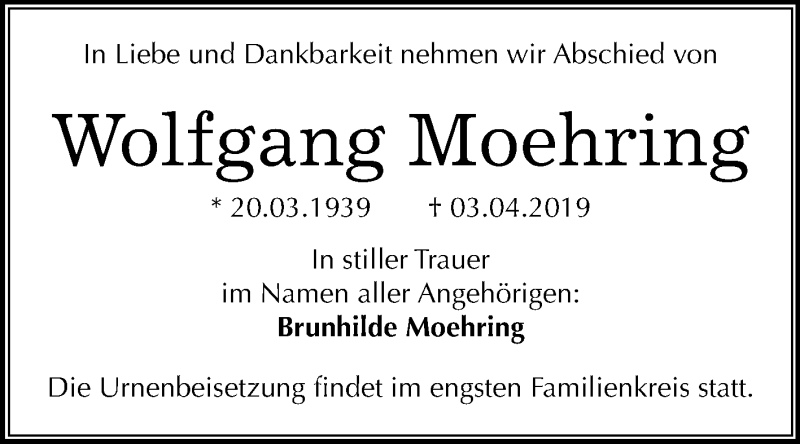  Traueranzeige für Wolfgang Moehring vom 13.04.2019 aus WVG - Wochenspiegel Wittenberg