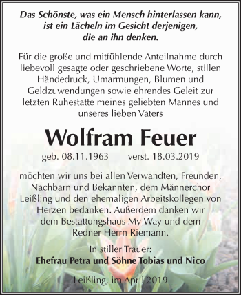Traueranzeige von Wolfram Feuer von WVG - Wochenspiegel NMB / WSF / ZTZ