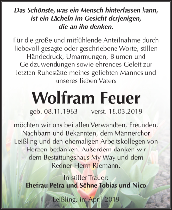 Traueranzeige von Wolfram Feuer von Mitteldeutsche Zeitung Weißenfels