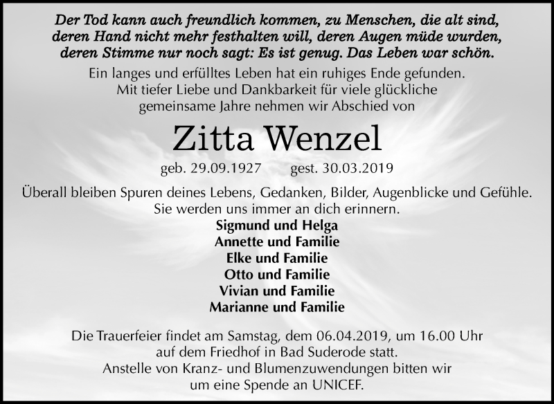  Traueranzeige für Zitta Wenzel vom 03.04.2019 aus Mitteldeutsche Zeitung Quedlinburg