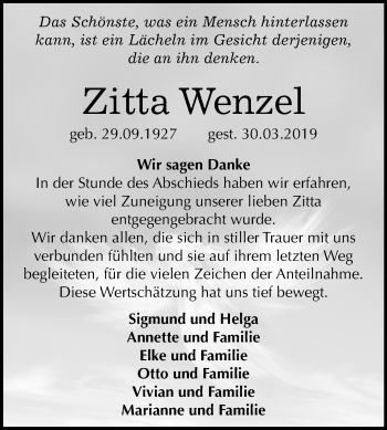 Traueranzeige von Zitta Wenzel von Mitteldeutsche Zeitung Quedlinburg