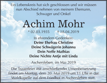 Traueranzeige von Achim Mohr von Mitteldeutsche Zeitung Aschersleben