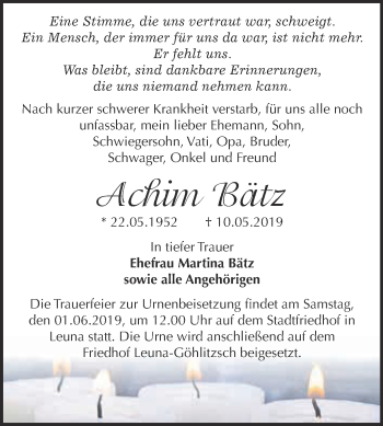 Traueranzeige von Achim Rätz von WVG - Wochenspiegel Merseburg