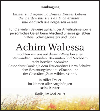 Traueranzeige von Achim Walessa von WVG - Wochenspiegel Wittenberg