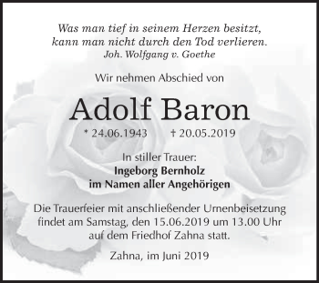 Traueranzeige von Adolf Baron von WVG - Wochenspiegel Wittenberg