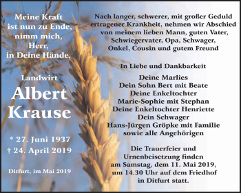 Traueranzeige von Albert Krause von WVG - Wochenspiegel Quedlinburg