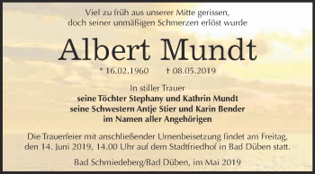 Traueranzeige von Albert Mundt von Super Sonntag Wittenberg