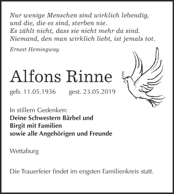 Traueranzeige von Alfons Rinne von WVG - Wochenspiegel NMB / WSF / ZTZ