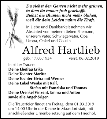 Traueranzeige von Alfred Hartlieb von Mitteldeutsche Zeitung Köthen
