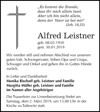 Traueranzeige von Alfred Leistner von Mitteldeutsche Zeitung