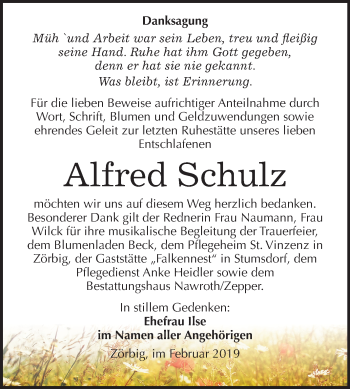 Traueranzeige von Alfred Schulz von Mitteldeutsche Zeitung Bitterfeld