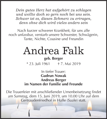Traueranzeige von Andrea Falk von Mitteldeutsche Zeitung Halle/Saalkreis
