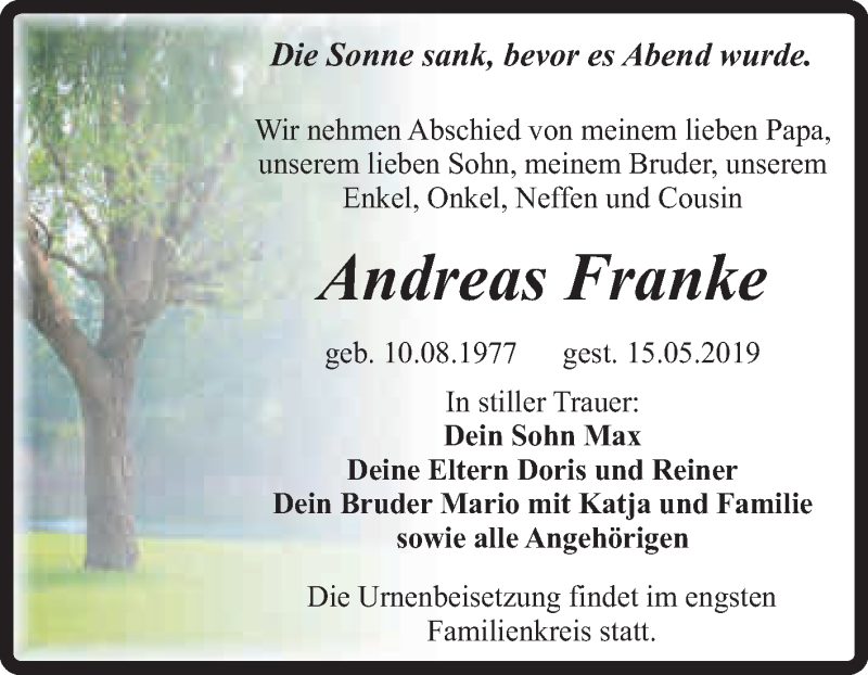  Traueranzeige für Andreas Franke vom 27.05.2019 aus Super Sonntag Quedlinburg