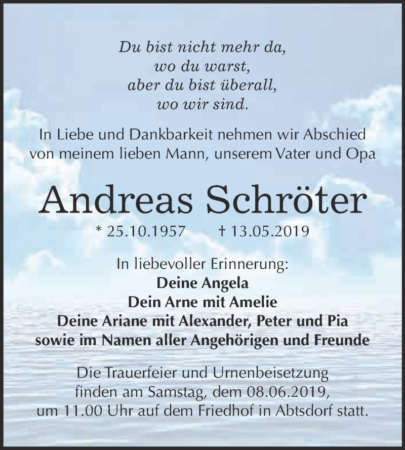  Traueranzeige für Andreas Schröter vom 20.05.2019 aus WVG - Wochenspiegel Wittenberg