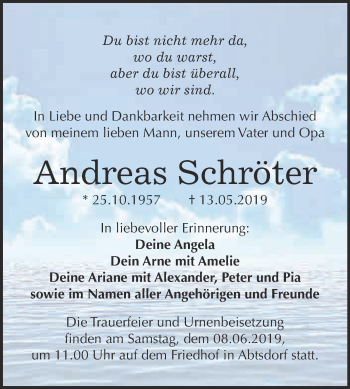 Traueranzeige von Andreas Schröter von WVG - Wochenspiegel Wittenberg