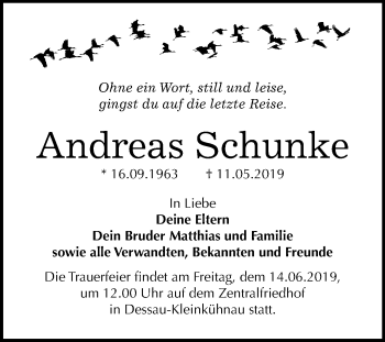 Traueranzeige von Andreas Schunke von Mitteldeutsche Zeitung
