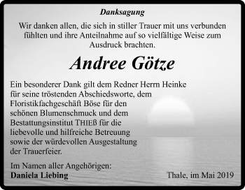 Traueranzeige von Andree Götze von Super Sonntag Quedlinburg
