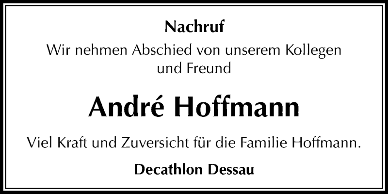  Traueranzeige für André Hoffmann vom 31.05.2019 aus Mitteldeutsche Zeitung Dessau-Roßlau