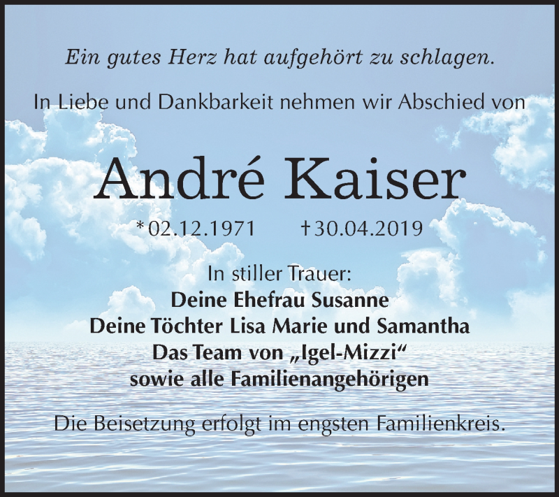  Traueranzeige für André Kaiser vom 11.05.2019 aus Mitteldeutsche Zeitung Dessau-Roßlau