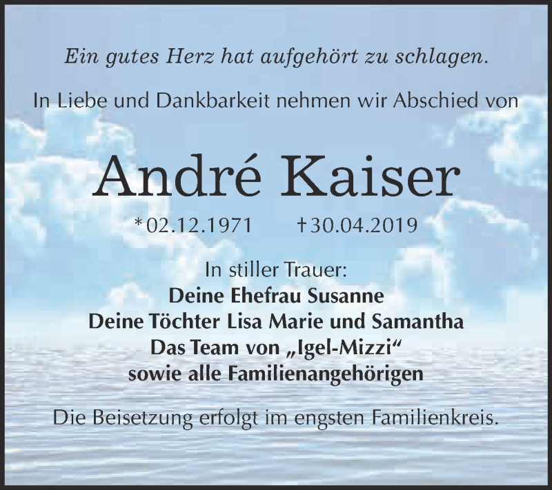  Traueranzeige für André Kaiser vom 06.05.2019 aus WVG - Wochenspiegel Dessau / Köthen