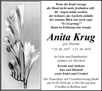 Traueranzeige von Anita Krug von Mitteldeutsche Zeitung Bitterfeld