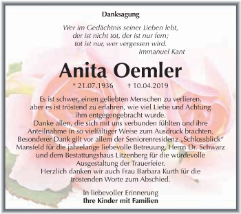 Traueranzeige von Anita Oemler von Wochenspiegel Mansfelder Land