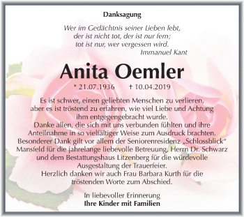Traueranzeige von Anita Oemler von Mitteldeutsche Zeitung Mansfelder Land