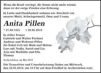Traueranzeige von Anita Pillen von Super Sonntag Aschersleben