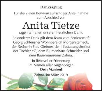 Traueranzeige von Anita Tietze von Mitteldeutsche Zeitung