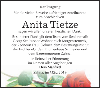 Traueranzeige von Anita Tietze von WVG - Wochenspiegel Wittenberg