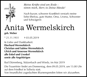 Traueranzeige von Anita Wermelskirch von Mitteldeutsche Zeitung Merseburg/Querfurt