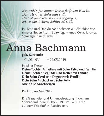 Traueranzeige von Anna Bachmann von WVG - Wochenspiegel Wittenberg