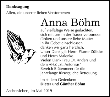 Traueranzeige von Anna Böhm von Mitteldeutsche Zeitung Aschersleben