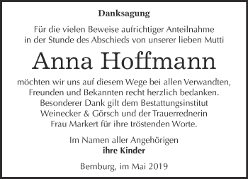 Traueranzeige von Anna Hoffmann von Super Sonntag Bernburg