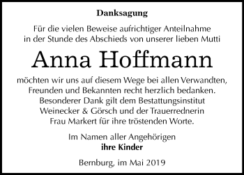 Traueranzeige von Anna Hoffmann von Mitteldeutsche Zeitung Bernburg