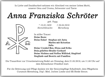 Traueranzeige von Anna Franziska Schröter von Mitteldeutsche Zeitung Merseburg/Querfurt