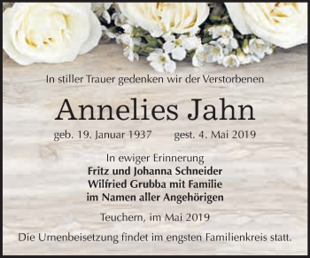 Traueranzeige von Annelies Jahn von WVG - Wochenspiegel NMB / WSF / ZTZ