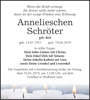 Traueranzeige von Annelieschen Schröter von WVG - Wochenspiegel Bitterfeld