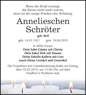 Traueranzeige von Annelieschen Schröter von Mitteldeutsche Zeitung Bitterfeld