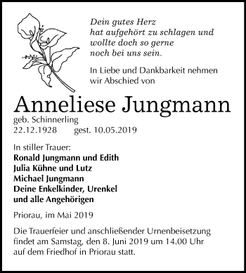 Traueranzeige von Anneliese Jungmann von Mitteldeutsche Zeitung