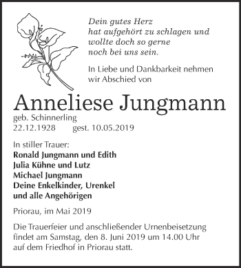 Traueranzeige von Anneliese Jungmann von WVG - Wochenspiegel Bitterfeld