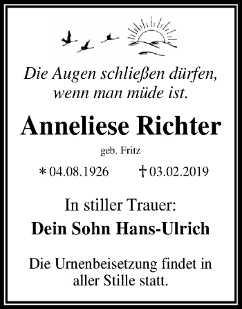 Traueranzeige von Anneliese Richter von Mitteldeutsche Zeitung Dessau-Roßlau